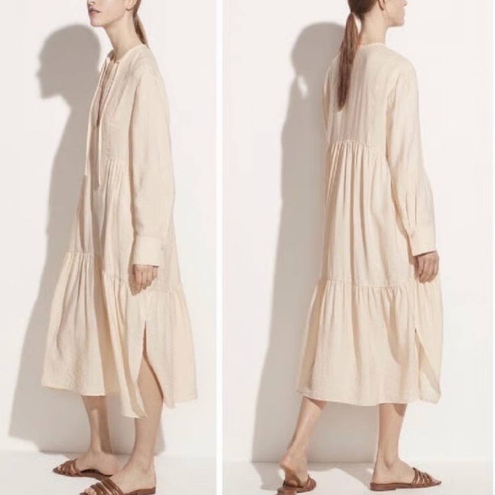 VINCE Naples Sun Long Sleeve V-Neck Tiered Neutral Maxi Dress. Size S
